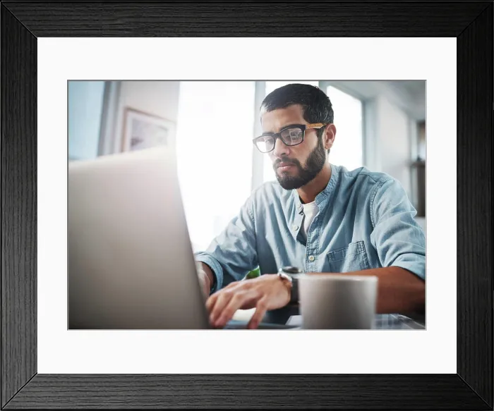 Framed Print : Home, typing and man with laptop Framed Print : Home, typing and man with laptop