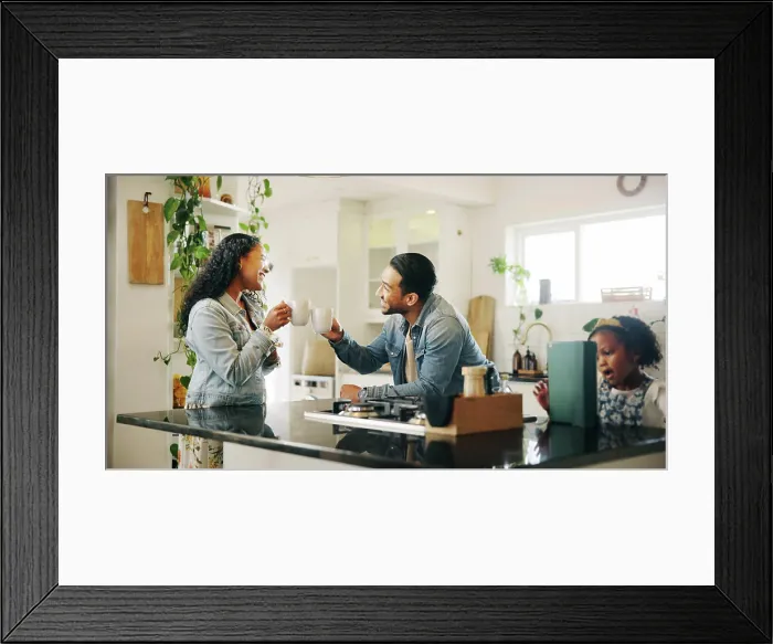 Framed Print : Family, smile and toast with coffee in home for gossip Framed Print : Family, smile and toast with coffee in home for gossip