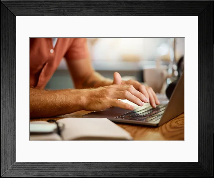 Framed Print : Man, hands and typing on laptop for email Framed Print : Man, hands and typing on laptop for email