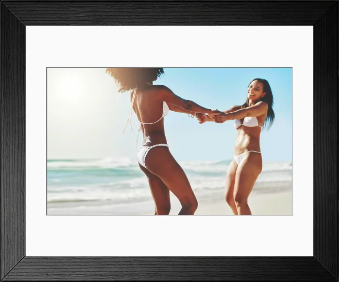 Framed Print : Holiday, women and holding hands in bikini at beach for spinning game Framed Print : Holiday, women and holding hands in bikini at beach for spinning game
