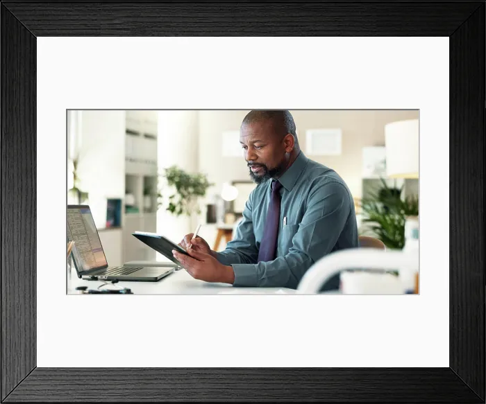 Framed Print : Tablet, doctor and black man in hospital for reading email Framed Print : Tablet, doctor and black man in hospital for reading email