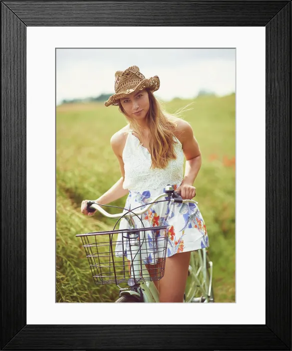 Framed Print : Portrait, bicycle or woman cycling in countryside for holiday
