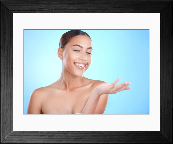 Framed Print : Woman, beauty and brand space with skincare mockup for facial product placement