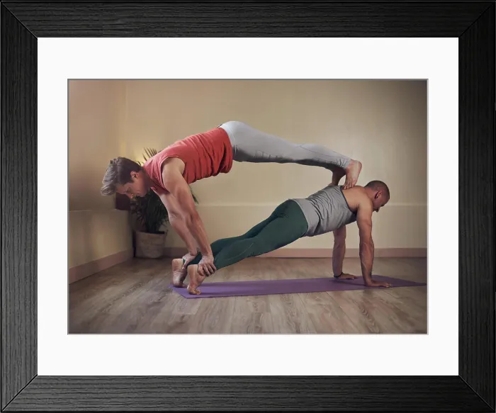 Framed Print : Man, friends and yoga for wellness Framed Print : Man, friends and yoga for wellness