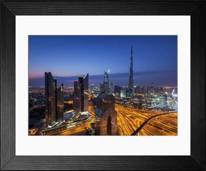 Framed Print : UAE, Dubai, Downtown Dubai, eleavted view over Sheikh Zayed Road and Burj Khalifa Tower Framed Print : UAE, Dubai, Downtown Dubai, eleavted view over Sheikh Zayed Road and Burj Khalifa Tower