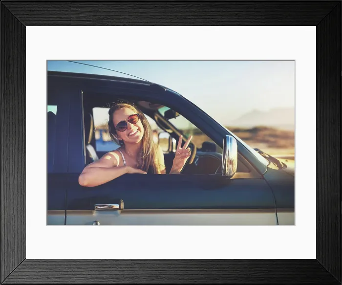 Framed Print : Woman, portrait and road trip with peace sign for freedom Framed Print : Woman, portrait and road trip with peace sign for freedom