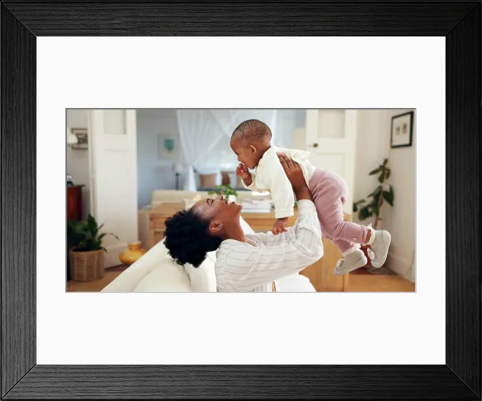 Framed Print : Smile, mother and play with baby at house for airplane Framed Print : Smile, mother and play with baby at house for airplane