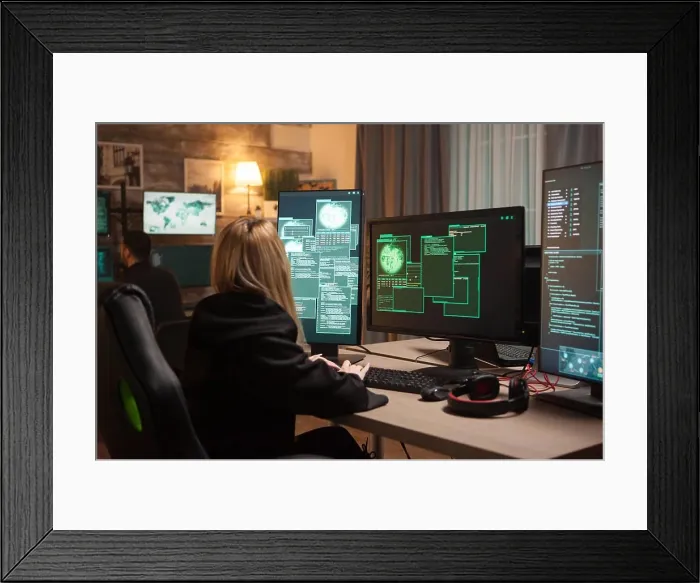 Framed Print : Female hacker using keyboard to type a dangerous malware