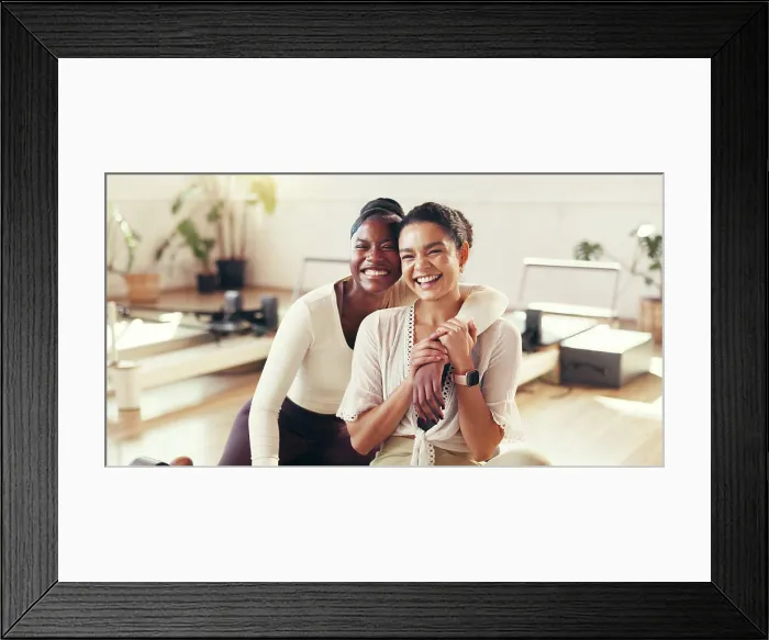 Framed Print : Happy, pilates and portrait of women in gym for fitness