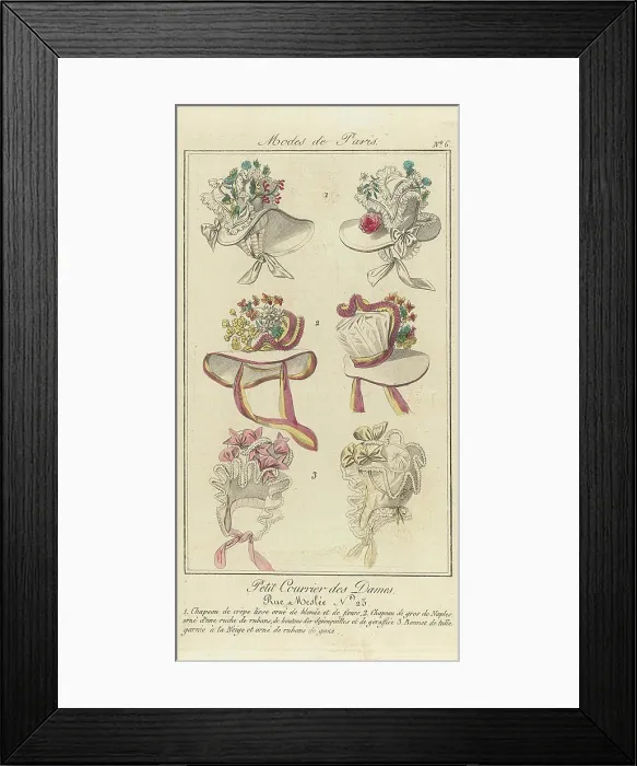 Framed Print : Petit Courrier des ladies no. 6; Petit Courrier des ladies. Sheet with 3 hats, each shown 2 times Framed Print : Petit Courrier des ladies no. 6; Petit Courrier des ladies. Sheet with 3 hats, each shown 2 times