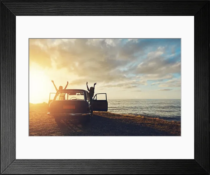 Framed Print : Friends, silhouette and sunset at beach with car Framed Print : Friends, silhouette and sunset at beach with car