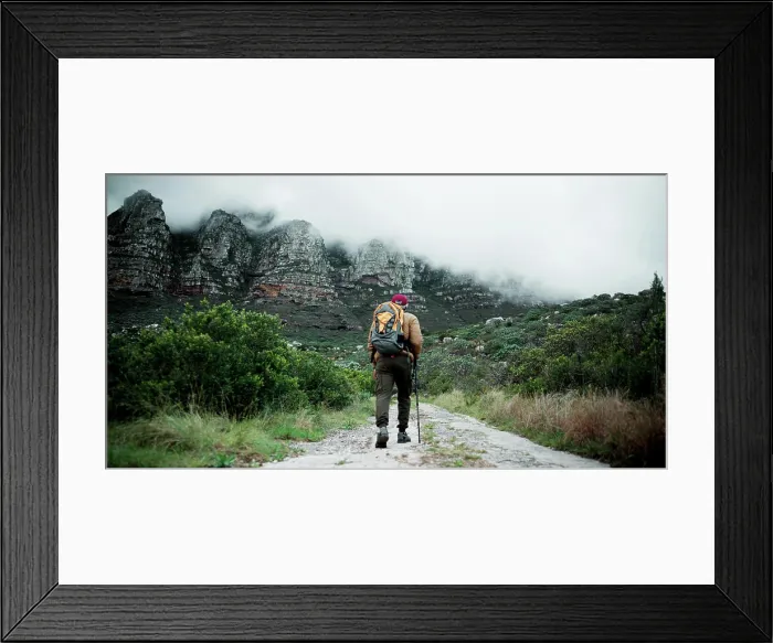 Framed Print : Back, mountain or man on trail hiking in outdoor adventure or forest journey in nature for travel