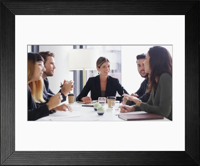 Framed Print : Discussion, group and colleagues in boardroom
