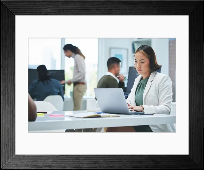 Framed Print : Business, thinking and woman with laptop Framed Print : Business, thinking and woman with laptop
