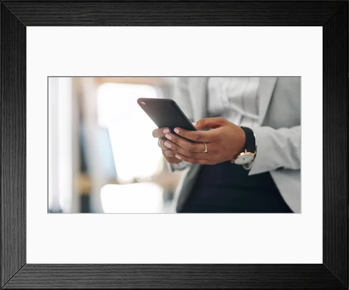 Framed Print : Office, hands and businessperson with cellphone for chat Framed Print : Office, hands and businessperson with cellphone for chat