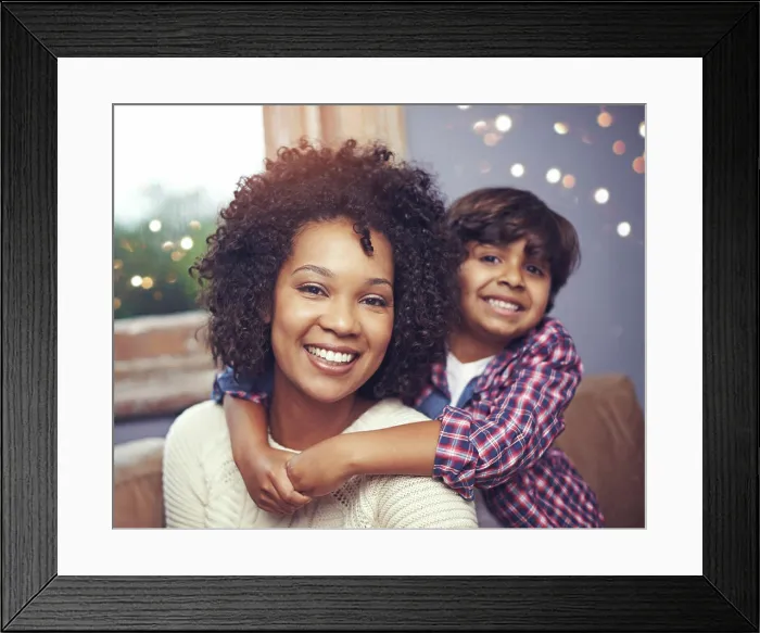Framed Print : Mother, child and portrait embrace on sofa or love connection or support comfort in apartment