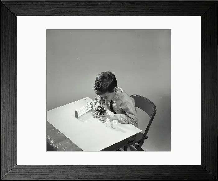 Framed Print : Vintage Photograph. Young boy looking through microscope on table against white backdrop Framed Print : Vintage Photograph. Young boy looking through microscope on table against white backdrop