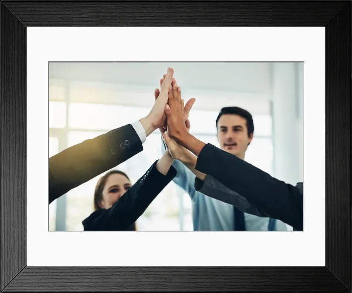Framed Print : Business people, teamwork and high five for success Framed Print : Business people, teamwork and high five for success