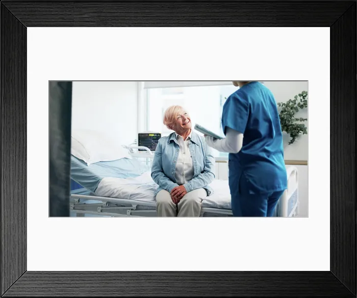Framed Print : Consultation, hospital and nurse with senior woman for healthcare support Framed Print : Consultation, hospital and nurse with senior woman for healthcare support