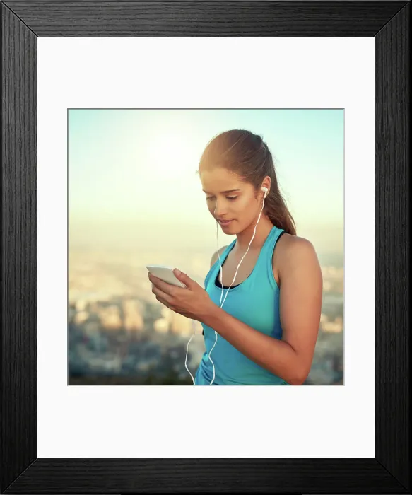 Framed Print : Fitness, girl and smartphone in outdoor for music with exercise Framed Print : Fitness, girl and smartphone in outdoor for music with exercise