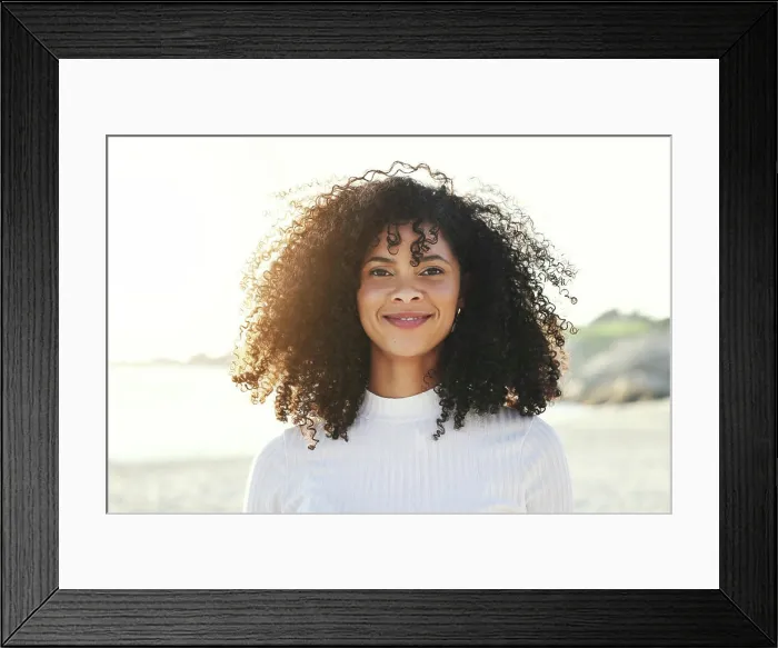 Framed Print : Black woman, face and portrait at beach for vacation Framed Print : Black woman, face and portrait at beach for vacation