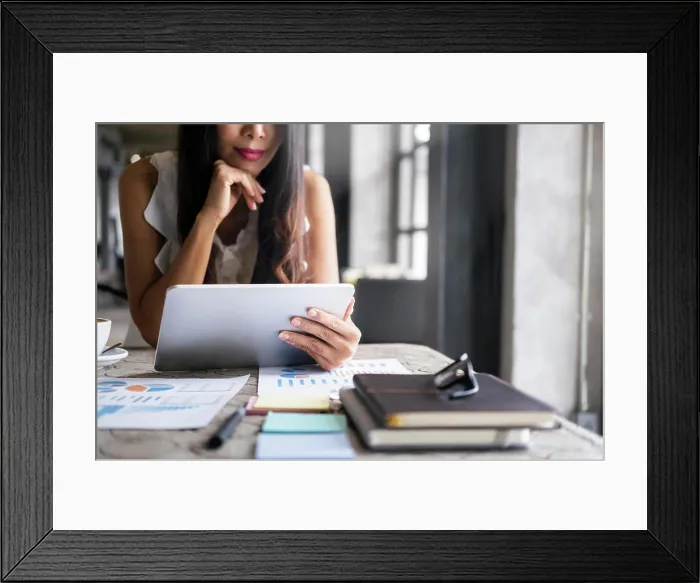 Framed Print : Businessman analyse investment marketing data Framed Print : Businessman analyse investment marketing data
