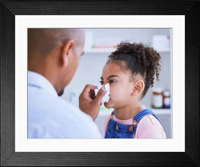 Framed Print : Blowing nose, child and doctor with sick Framed Print : Blowing nose, child and doctor with sick