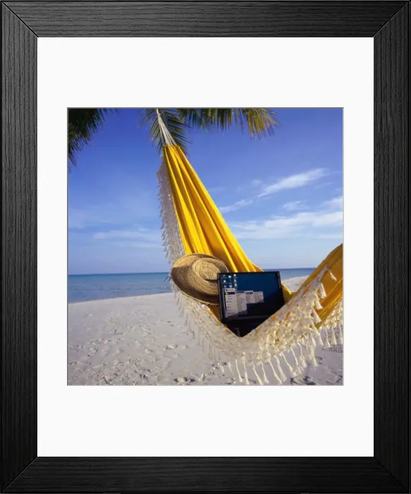 Framed Print : Laptop and a straw hat in a hammock, Maldives Framed Print : Laptop and a straw hat in a hammock, Maldives