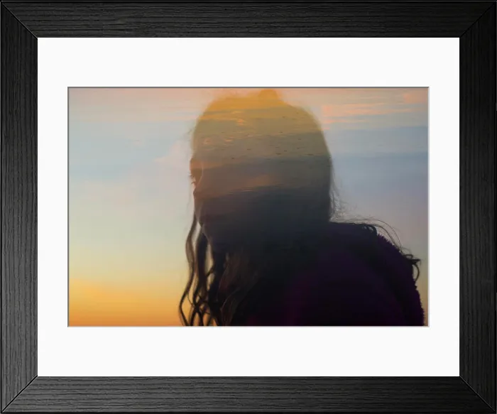 Framed Print : double exposure of girl's silhouette at sunrise Framed Print : double exposure of girl's silhouette at sunrise