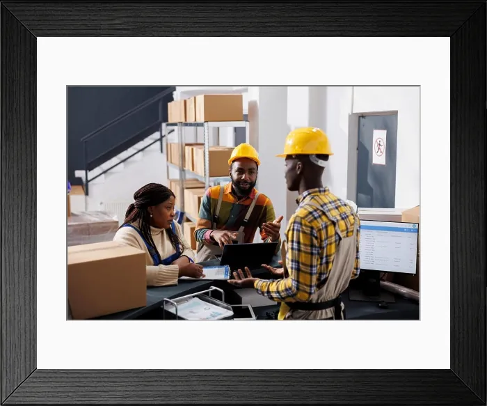 Framed Print : Delivery service workers checking goods inventory on laptop Framed Print : Delivery service workers checking goods inventory on laptop
