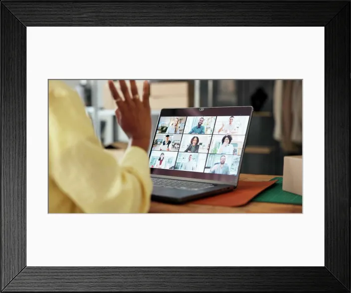 Framed Print : Laptop screen, video call and hand wave in small business for meeting or supply chain discussion