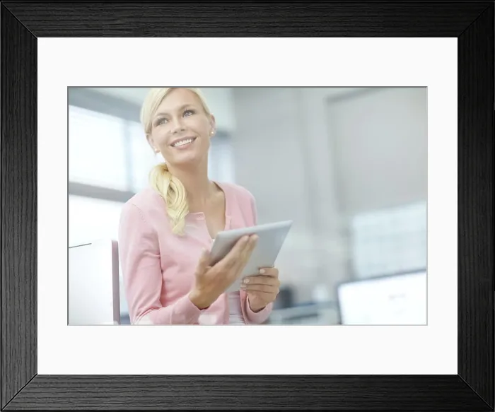 Framed Print : Office, business woman and thinking with tablet for project research