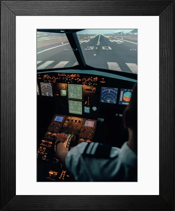 Framed Print : View from the cockpit of a commercial airplane simulator Framed Print : View from the cockpit of a commercial airplane simulator