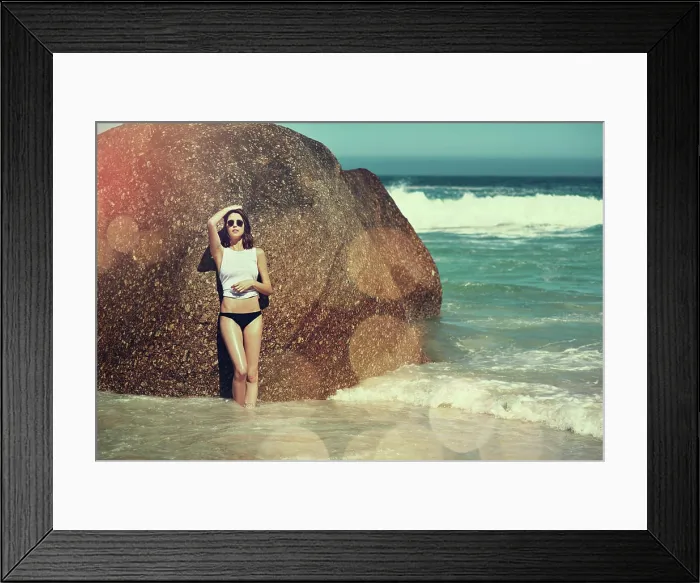 Framed Print : Holiday, woman and sunglasses by beach rock Framed Print : Holiday, woman and sunglasses by beach rock