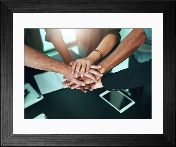 Framed Print : Hands, together and join us for teamwork collaboration in business Framed Print : Hands, together and join us for teamwork collaboration in business