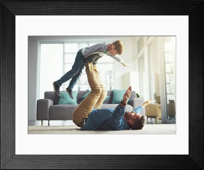 Framed Print : Airplane, playing and dad with child in home for bonding Framed Print : Airplane, playing and dad with child in home for bonding
