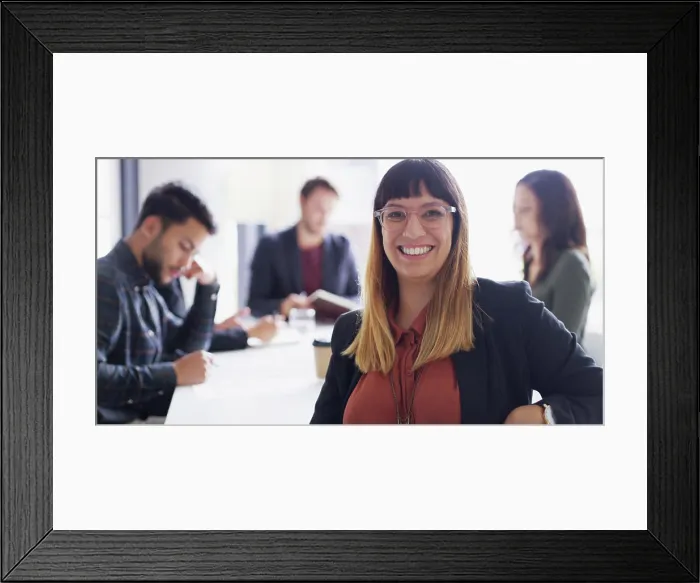 Framed Print : Portrait, employee and woman with group in boardroom Framed Print : Portrait, employee and woman with group in boardroom