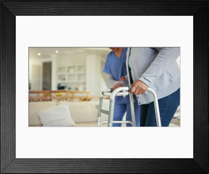 Framed Print : Senior woman, person with disability and walker for nurse