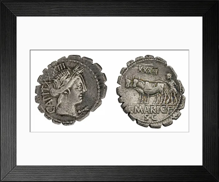 Framed Print : denarius (serratus). Marius Capito, C. (fl. 81 a.C.), monetary officer, Republika Rzymska, issuer Framed Print : denarius (serratus). Marius Capito, C. (fl. 81 a.C.), monetary officer, Republika Rzymska, issuer