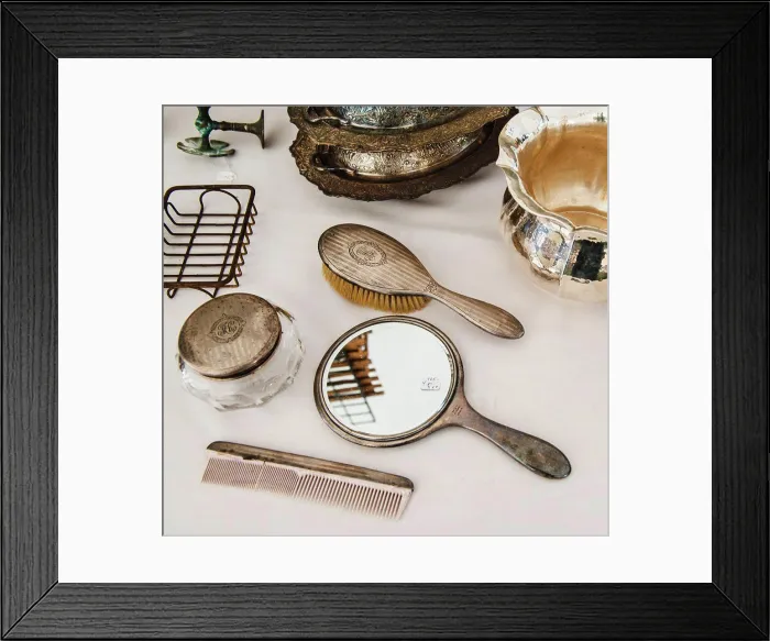 Framed Print : Antique beauty products for sale at a flea market Framed Print : Antique beauty products for sale at a flea market
