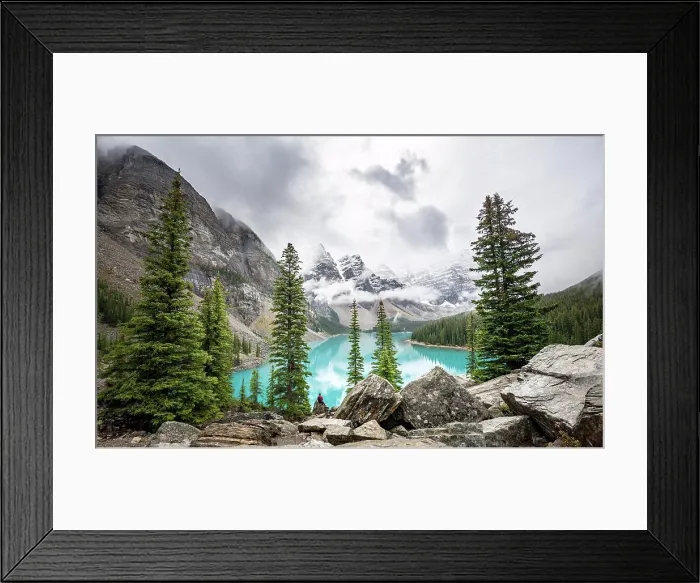 Framed Print : Cloudy mountain peaks, turquoise glacial lake Framed Print : Cloudy mountain peaks, turquoise glacial lake