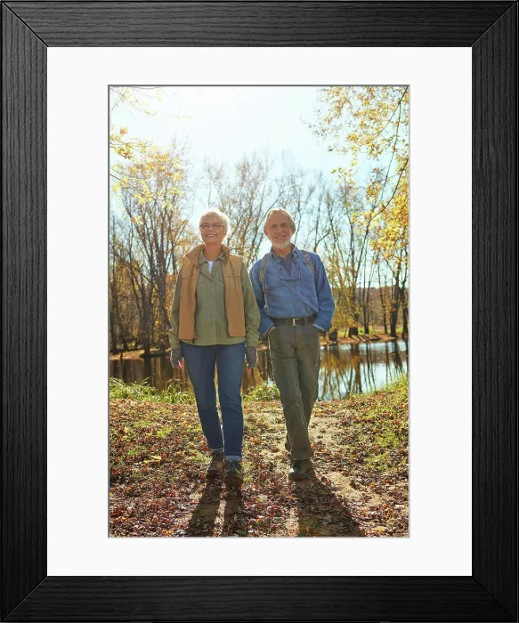 Framed Print : Smile, nature and senior couple in forest with backpack for walk Framed Print : Smile, nature and senior couple in forest with backpack for walk