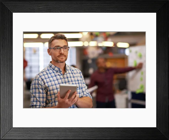 Framed Print : Business, thinking and man with tablet in office