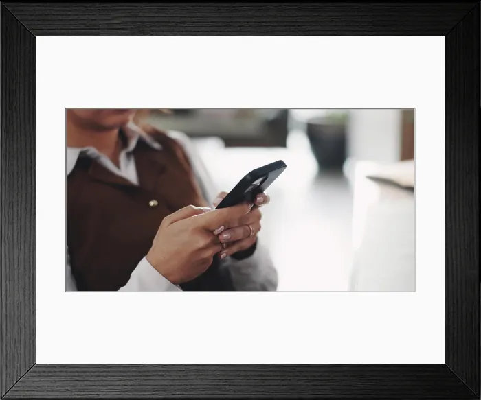 Framed Print : Hands, person and reading with phone in home for research Framed Print : Hands, person and reading with phone in home for research