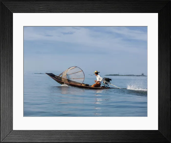 Framed Print : Myanmar travel attraction landmark - Traditional Burmese fisherman with fishing net at Inle lake in speeding motor boat Framed Print : Myanmar travel attraction landmark - Traditional Burmese fisherman with fishing net at Inle lake in speeding motor boat