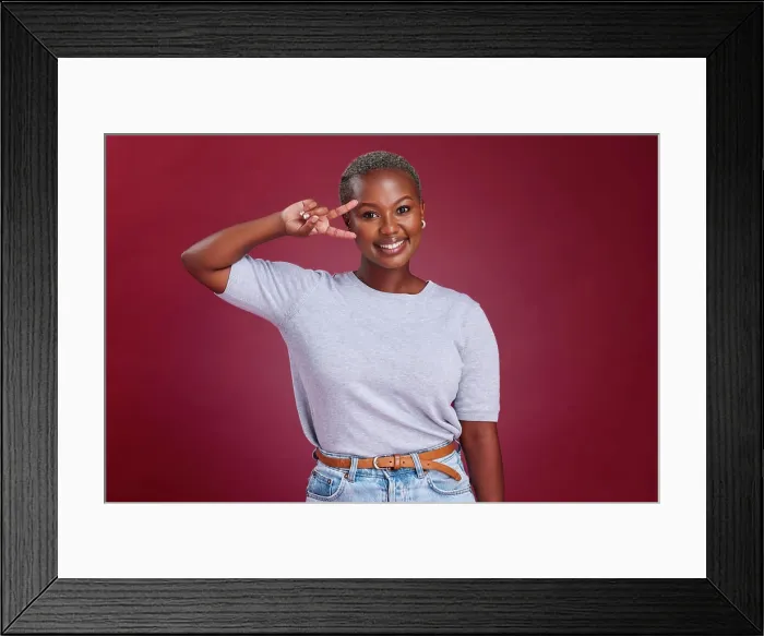 Framed Print : Black woman, peace sign and portrait with smile Framed Print : Black woman, peace sign and portrait with smile