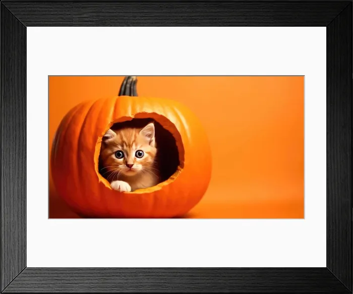 Framed Print : Cute orange kitten sits in orange pumpkin on orange background. Halloween or Thanksgiving theme Framed Print : Cute orange kitten sits in orange pumpkin on orange background. Halloween or Thanksgiving theme