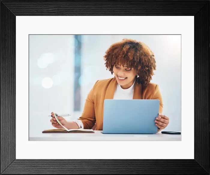 Framed Print : Happy, laptop and notebook with black woman in office for networking