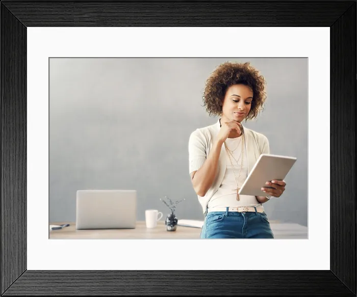 Framed Print : Tablet, thinking and web development with business woman in office for information or research Framed Print : Tablet, thinking and web development with business woman in office for information or research