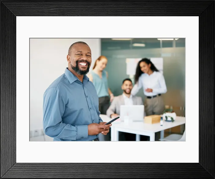 Framed Print : Office, phone and portrait of business black man for b2b networking Framed Print : Office, phone and portrait of business black man for b2b networking